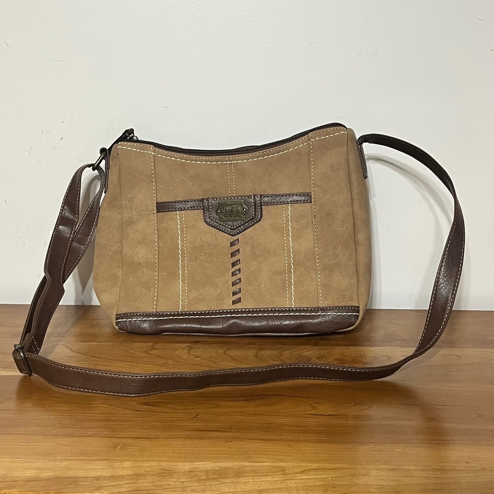 BOC Born Concept Crossbody Bag‎ Tan Faux Suede Brown Trim Stitched Messenger Bag
